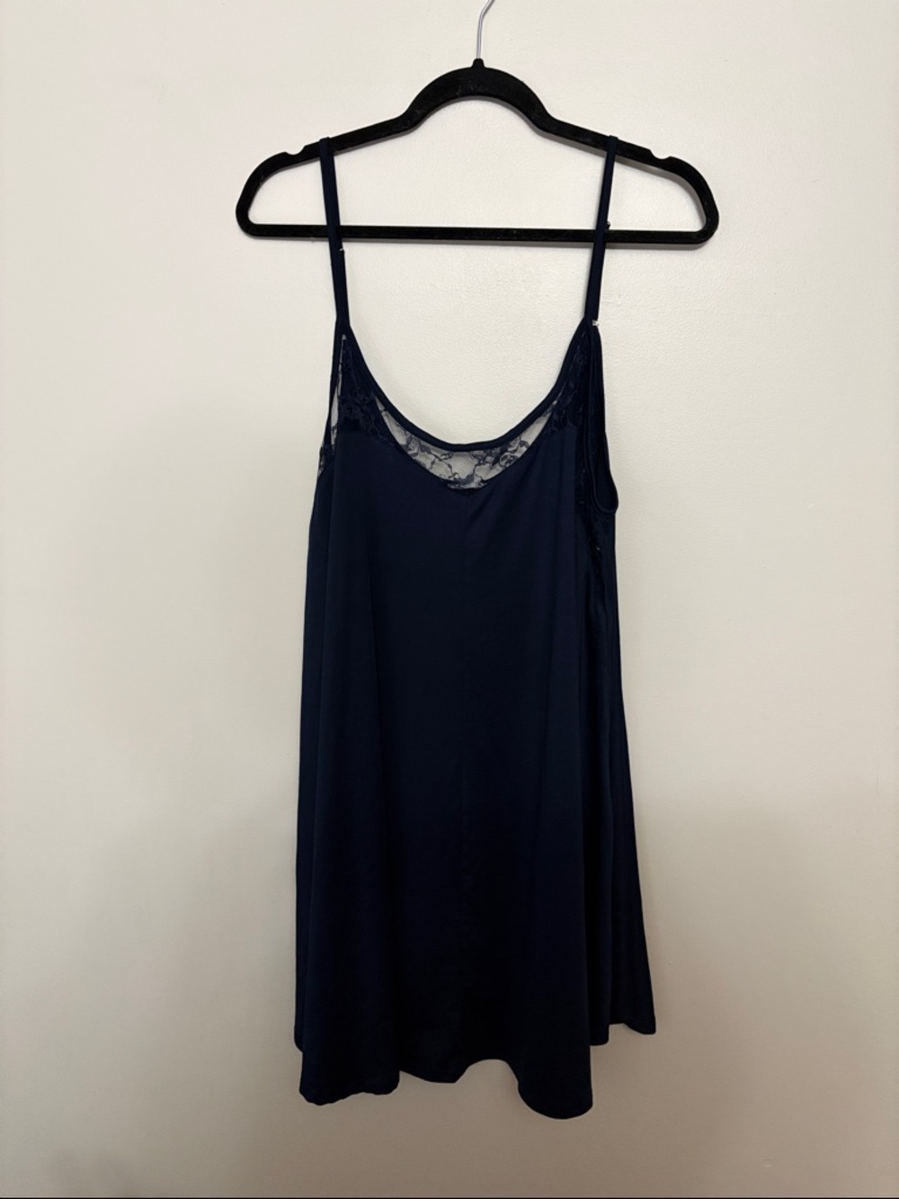 Silky Navy Lace-Trim Slip Chemise with Adjustable Straps
